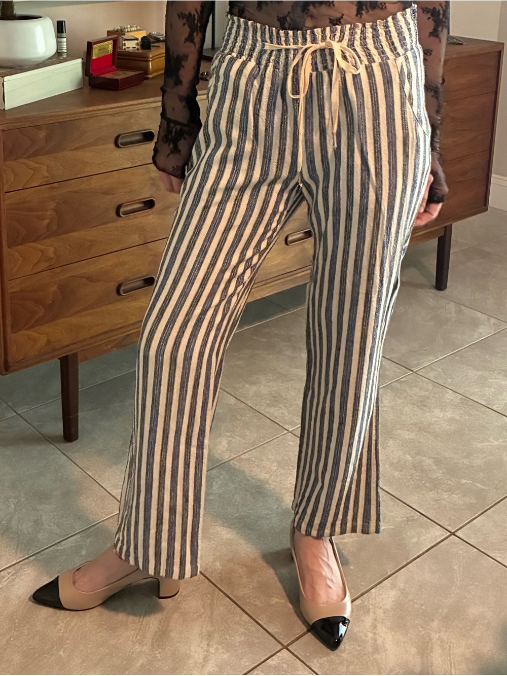 Striped Drawstring Linen Pants in Navy & Cream